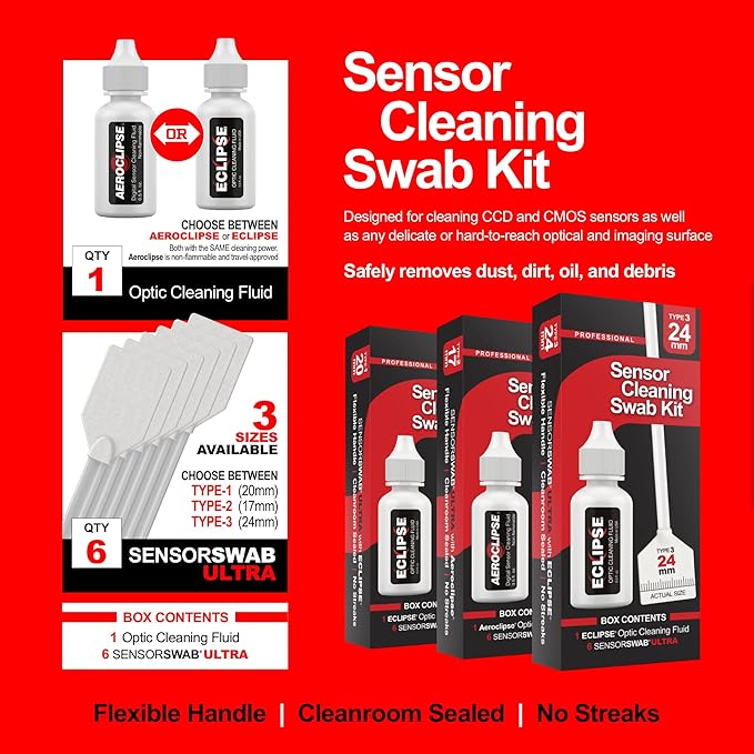 Sensor Cleaning Swab Kit - Eclipse Optic Cleaning Solution (0.5oz/15ml) + Type-1 Sensor Swab Ultra 20mm (Pack of 6) - for APS-H CMOS and CCD Sensors - Dust & Oil Remover