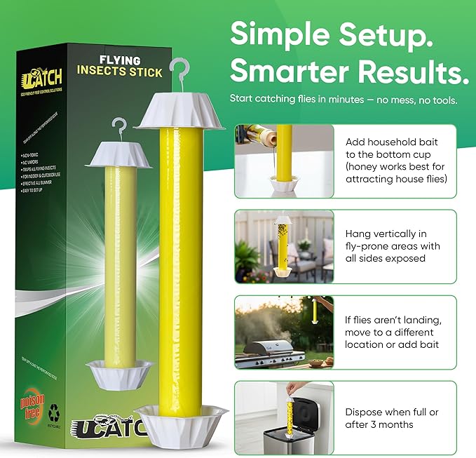 Sticky Fly Trap Indoor & Outdoor Pack of 4 | Hanging Fly Stick for Gnats, Flies, Wasps, Mosquitoes & Other Flying Bugs | Fly Trap Sticky | Home Pest Control | Flying Insect Trap Rolls | Ucatch