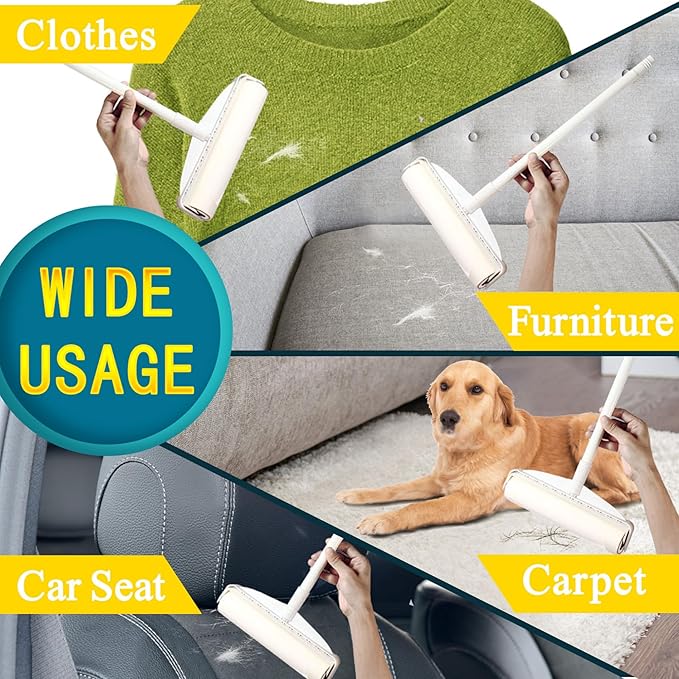 45 Inch Long Handle Lint Roller Extra Sticky for Carpet, 9.45'' Large Surface Pet Hair Remover for Couch, Sticky Roller for Floor Pick Up Larger Pieces, by Frescares, 1 Roller Stick+4 Roller Refills