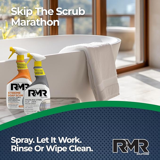 RMR Buildup Breakdown Bundle – Xtreme Soap Scum Remover + Stainless Steel Cleaner Polish, 2-Step Bathroom & Kitchen Cleaning Kit for Shower, Tub, Tile, Glass & Stainless Appliances, 2–32 Oz Bottles