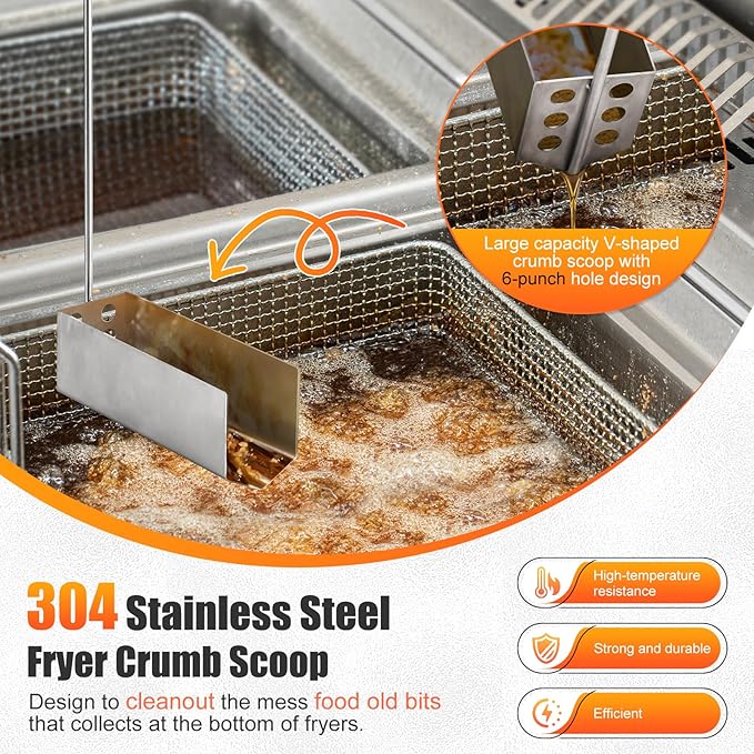 Fryer Cleaning Tool 5 Piece Set, Deep Fryer Basket Brush, Long Handle L-Shaped & Straight Crevice Cleaning Brush, Cleanout Rod Kit and V-Shaped Strainer Scoop for Restaurant, Kitchen Maintenance