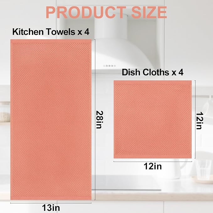 Homaxy 100% Cotton Kitchen Towels and Dishcloths Set, 12 x 12 Inches and 13 x 28 Inches, Set of 8 Bulk Kitchen Towels Set, Ultra Soft Absorbent Dish Cloths for Washing Dishes, Coral