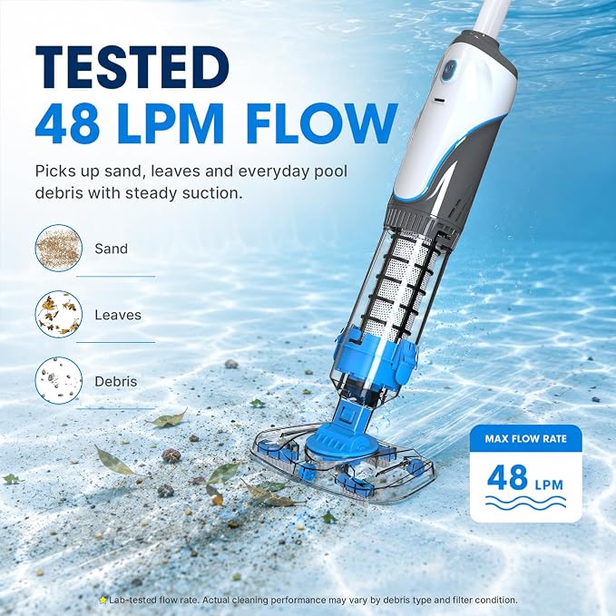 Cordless Pool Spa Vacuum Cleaner Rechargeable Handheld Pool Vacuum with 60-Min Runtime Dual Filtration 3 Cleaning Heads Telescopic Pole for Sand Leaves Hot Tubs Above Ground & Small Pools