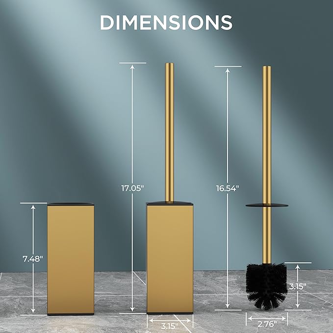 FORIOUS Toilet Brush and Holder Set, SUS304 Stainless Steel Square Base, Extended Long Handle, Drip-Proof & Space Saving, 2 Replaceable Brush Heads, Plastic & Silicone Dual Brush Head, Drak Gold