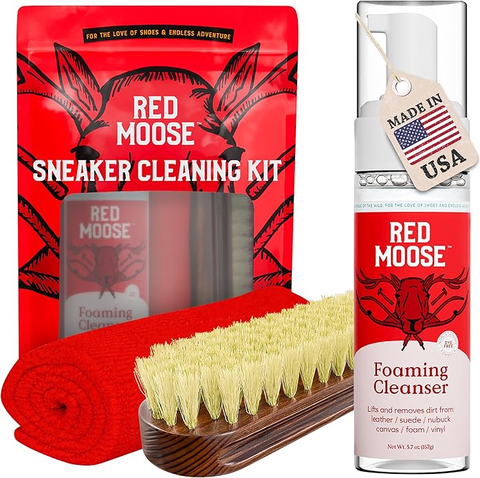 RED MOOSE Shoe & Sneaker Cleaner Kit – Leather, Suede, Nubuck, Canvas & White Shoes with Brush, Foam & Cloth, Made in USA