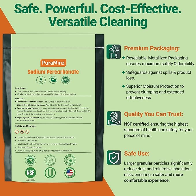Sodium Percarbonate, 99.9% Pure Oxygen Bleach Powder, Stain Remover, Whitener, Non-Chlorine Detergent Booster, Fragrance Free Dishwasher Cleaner and Deodorizer, 5 lbs (80 oz), Pack of 1