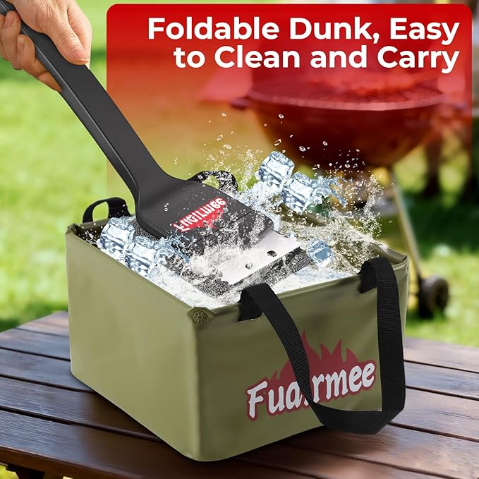 2PCS Bristle Free Grill Brush for Outdoor Grill, with Water Dunk Basin（Green, Steel Fiber Grill Brush for Cast Iron/Porcelain/Charcoal/Stainless Steel Grates