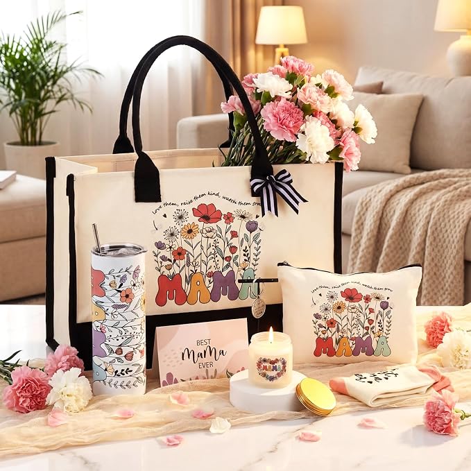 Patelai 7 Pcs Mothers Day Gifts, Mom Birthday Gifts Mothers Day Gift from Daughter Son Child Ideas Basket Gift for Women with 20 oz Cup Tote Bag Makeup Bag for Mother