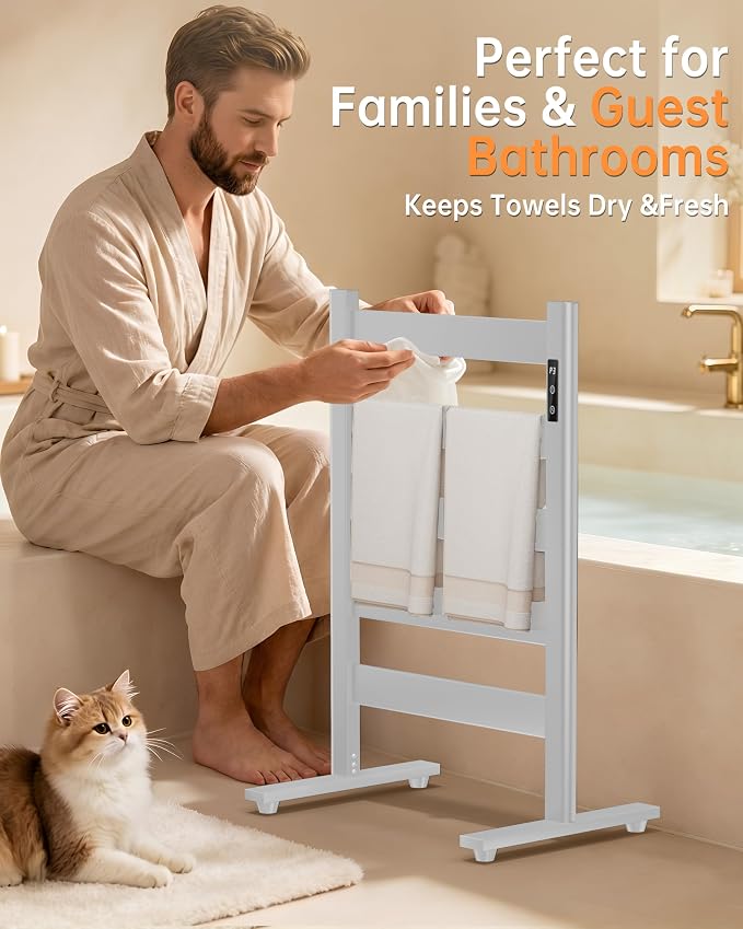 5-Bar Freestanding Towel Warmer, Adjustable Temperature 110–170°F, Timer and Auto Shut-Off, Fast Heating in 10 Minutes, Durable Space Aluminum, Wide Bars, Matte White for Bathroom and Spa