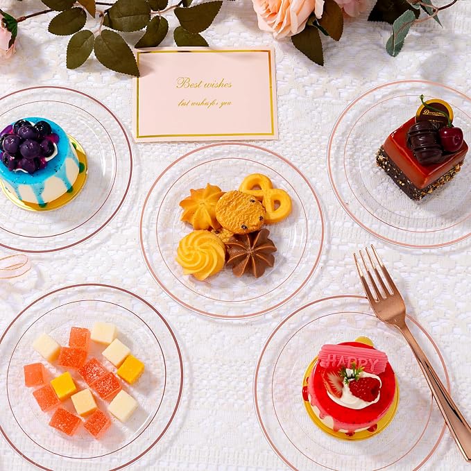 bUCLA 100PCS Clear Rose Gold Plastic Plates Disposable - Heavy Duty 6.25 Inch Clear Plastic Dessert Plates with Rose Gold Trim - Ideal for Party & Wedding