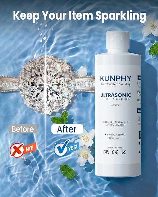 kunphy Sonic Jewelry Cleaner - Effective Solution for Cleaning Gold, Silver, Platinum, Diamonds, and Eyeglasses Watch, 8.5 oz (2 packs)