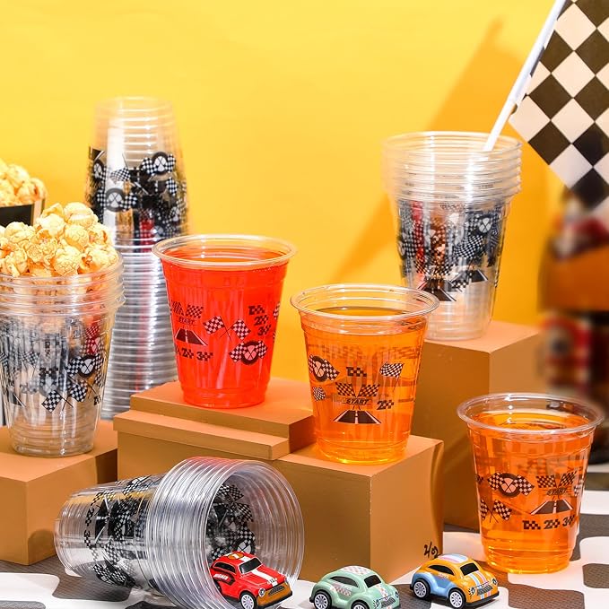 Uiifan 50 Pcs Racing Party Decoration 12 oz Race Car Cups Bulk Checkered Flag Disposable Plastic Cups Black White Party Supplies for One Two Fast Birthday Decorations