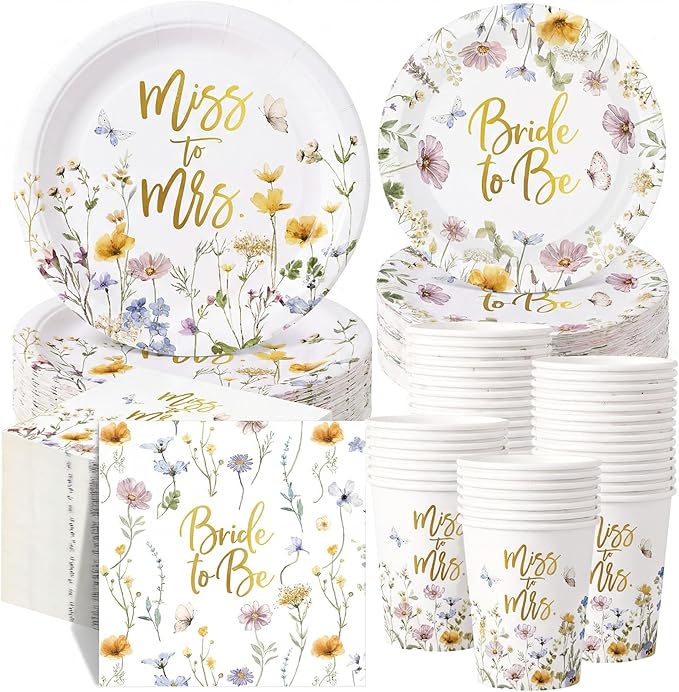 Pickmesh 250 Pcs Wildflower Bridal Shower Decorations Floral Miss to Mrs Plates and Napkins Sets Bride to Be Disposable Paper Tableware Set for Wedding, Engagement, Bachelorette Party, Serves 50