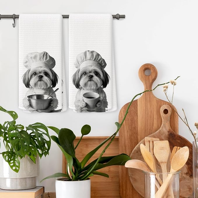 Funny Chef Shih Tzu Kitchen Towels Set of 2, Shih Tzu Dog Gifts for Women Dish Tea Towels for Kitchen, Dog Mom Lovers Owner Gifts Decorative Hand Towel, 16x24 Inch