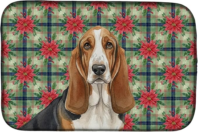 Caroline's Treasures Tricolor and White Basset Hound Christmas PoinsettIas Dish Drying Mat Absorbent Dish Drying Mat Pad for Kitchen Counter Dish Drainer Mat for Countertop, 14 x 21", Multicolor