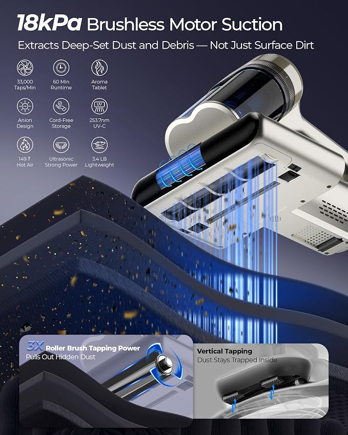 Teant Upgrade Cordless Mattress Vacuum with 18kPa Ultra-Deep Suction, 2-Speed Bed Vacuum with 33000 RPM/Min Roller Brush, 253.7nm UV-C Light & LED Display, 149℉ Heat, Aroma & Anion for Bed Sofa