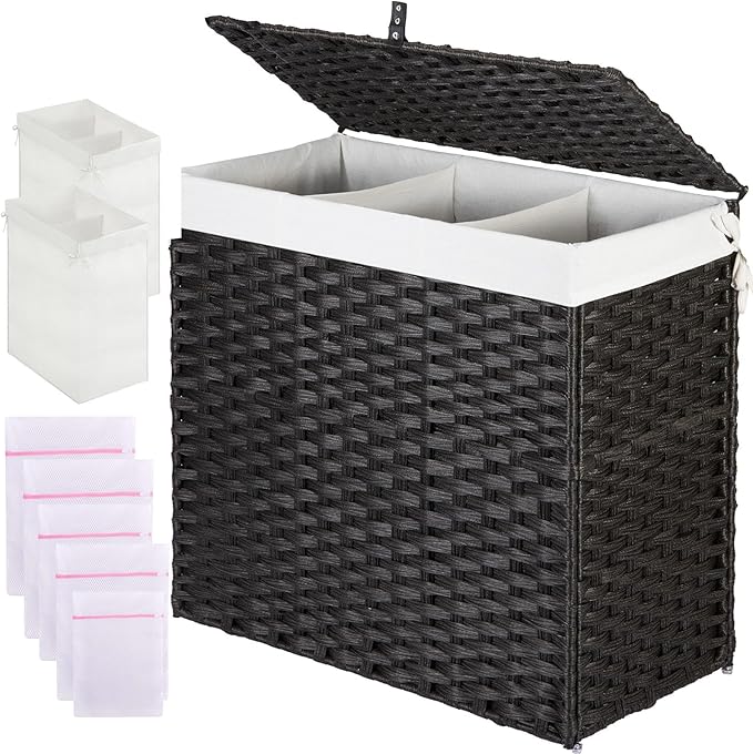 Greenstell Laundry Hamper with Lid, 125L Wicker Laundry Baskets with 2 Removable Liner Bags & 5 Mesh Laundry Bags, Handwoven Rattan Clothes Hamper with Handles for Clothes in Bathroom, Bedroom