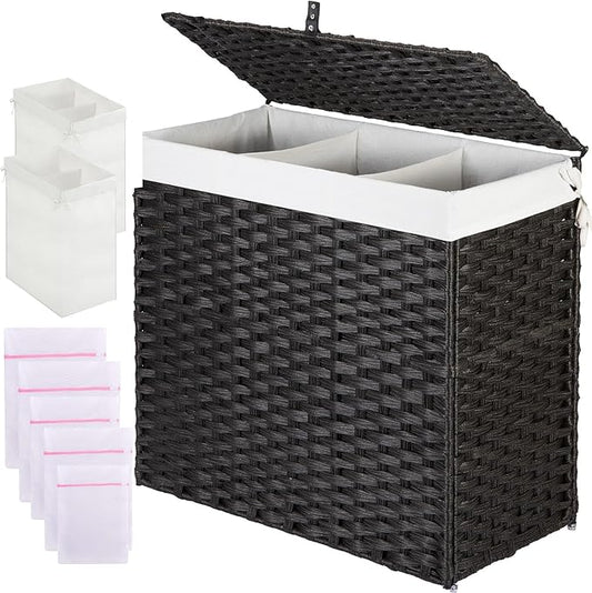 Greenstell Laundry Hamper with Lid, 125L Wicker Laundry Baskets with 2 Removable Liner Bags & 5 Mesh Laundry Bags, Handwoven Rattan Clothes Hamper with Handles for Clothes in Bathroom, Bedroom