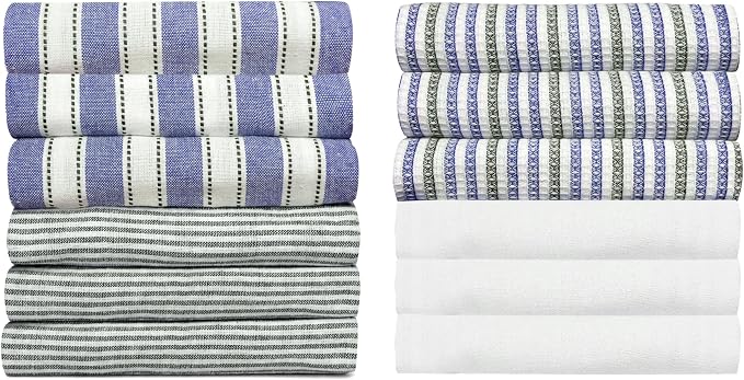 Pack of 12 Cotton Kitchen Towels Set, Dish Towels, Cleaning Rags, Kitchen Dish Cloths for Washing Dishes, Cotton Cleaning Cloths, Ultra Soft, Lightweight & Quick Dry, Flat Weave, 28"x18", Denim & Gray