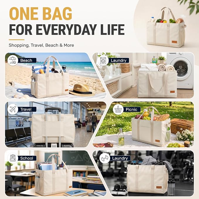 WONDAY Extra Large Utility Tote Bag - Standing Reusable Grocery Bag with Handle, Collapsible Storage for Shopping, Beach