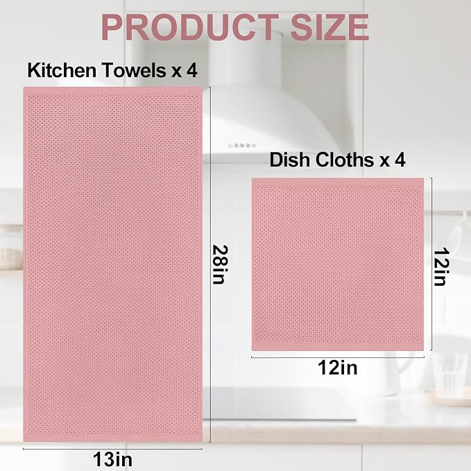 Homaxy 100% Cotton Kitchen Towels and Dishcloths Set, 12 x 12 Inches and 13 x 28 Inches, Set of 8 Bulk Kitchen Towels Set, Ultra Soft Absorbent Dish Cloths for Washing Dishes, Dried Rose