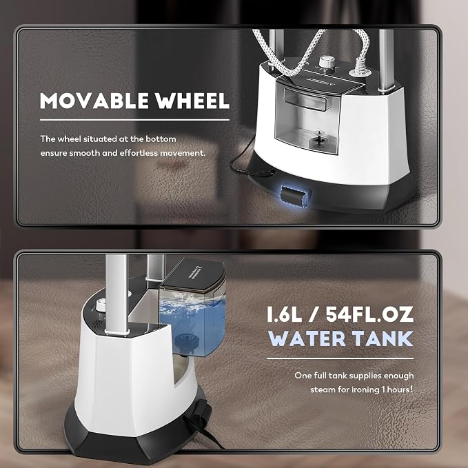 CGOLDENWALL Standing Garment Steamer for Clothes with Flat & Hanging Iron Options: Quick 25s Heat-Up for Continuous 1-Hour Powerful Steam, Including Ironing Board, Fabric Brush and Ironing Gloves