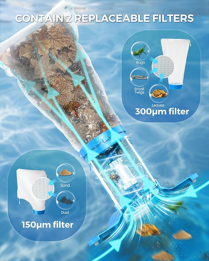 WAVIO Rechargeable Pool Leaf Vacuum Cleaner with Telescopic Pole, Runs Max 70-Mins, Cordless Pool Skimmer with Heavy Duty Mesh Bag, 48GPM Powerful Suction for Inground and Above Ground Pools