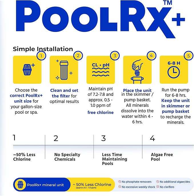 PoolRx+ Mineral Algaecide Unit, up to 6-Month Algae Control, for 5K-7.5K gallons, Orange & White, New Formula with Silver.