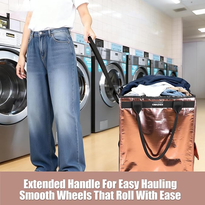 (Medium,Rose Gold) Reusable Grocery Bag on 4 Wheels, 70L Foldable Rolling Tote Bag with 3 Handles and Zipper, Rolling Shopping Cart for Groceries, Storage, Laundry, Travel, Organizer, 76lb