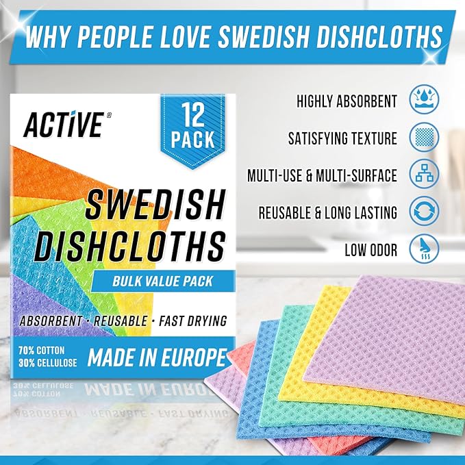 ACTIVE Swedish Dishcloths and Coffee Maker Cleaner - Includes 12ct Cellulose Sponge Cloths and Coffee Machine Cleaning Tablets