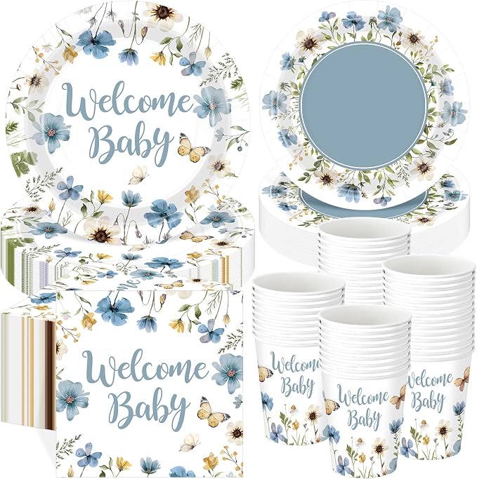 Pickmesh 250 Pcs Blue Floral Baby Shower Party Supplies Decorations Serve 50 Wildflower Welcome Baby Disposable Paper Plates Napkins and Cups for Birthday Babies Boy Shower Gender Reveal Party Decor