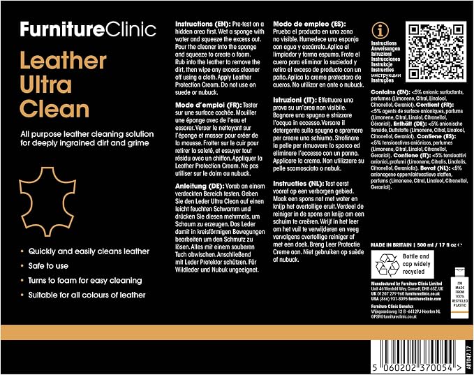 Furniture Clinic Leather Complete Restoration Kit | with Leather Recoloring Balm, Cleaner, 2-in-1 Protection Cream & Conditioner, Sponge, and Cloth | Repair Kit for Furniture (Beige)