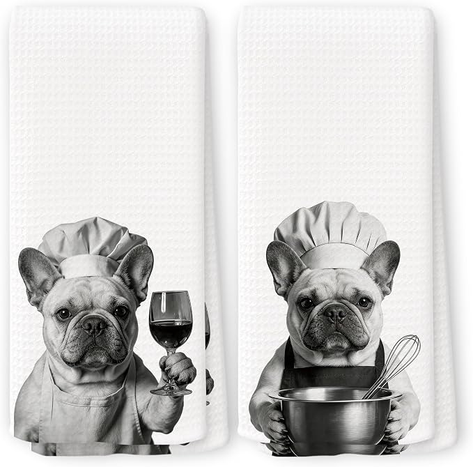 Funny Chef French Bulldog Kitchen Towels Set of 2, French Bulldog Dog Gifts for Women Dish Tea Towels for Kitchen, Dog Mom Lovers Owner Gifts Decorative Hand Towel, 16x24 Inch