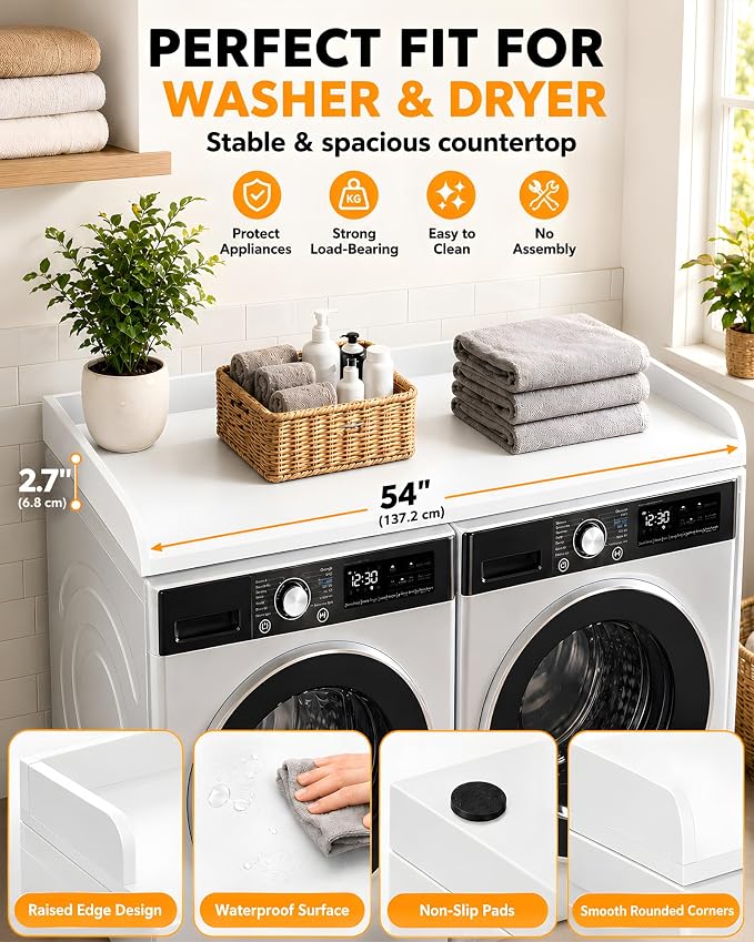 FlyGeneral Washer and Dryer Countertop, 54" Width x 27.5" Deep, White | Laundry Folding Surface for Clothes, Quick Install Design, Raised Edge Prevents Items Falling, Fits Front Load Washer Dryer