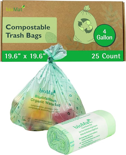 bioMat Compostable Trash Bags 4 Gallon, 25 Count, Small flat top Kitchen Food Scrap Bin Liners, BPI, CMA and OK Compost HOME certified, Meets the ASTM D6400 Standard