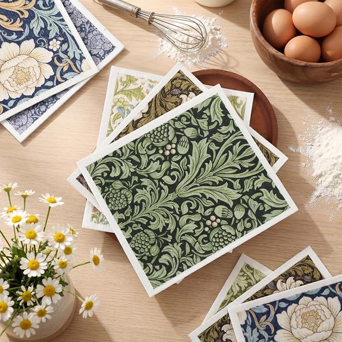 Mifoci 12 Pcs William Morris Swedish Kitchen Dishcloths 7 x 8 Inch Reusable Vintage Floral Dish Towels Absorbent Cotton Cleaning Cloths for Kitchen Cleaning Wipes Housewarming