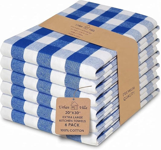 Urban Villa Kitchen Towels 100% Cotton Dish Towels for Kitchen (Set of 6) 20”x30” Dish Cloths Highly Absorbent Kitchen Linen Set with Hanging Loop Perfect for Drying Dishes Cleaning – Blue/White