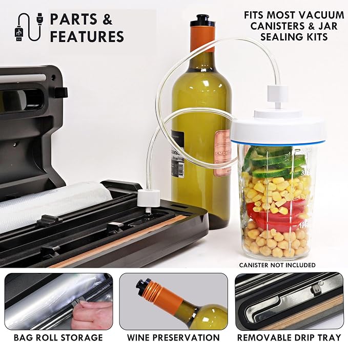 Kenmore Vacuum Sealer Machine - Food Saver Vacuum Sealer with Bags, Dry & Moist Modes, 7 Preset Settings, Includes Bag Roll, Bottle Stopper, Stainless Steel Envasadora al Vacío for Meat,BPA Free