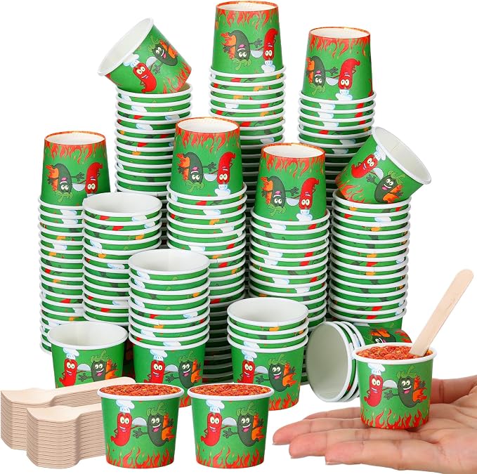 Teenyyou 400 Pcs Chili Cook off Tasting Cups Set, 200 Pcs 2 oz Mini Chili Cookoff Paper Cups and 200 Wooden Spoons Pepper Cook off Party Decorations for Competition Prize Party Cooking Supplies(Green)