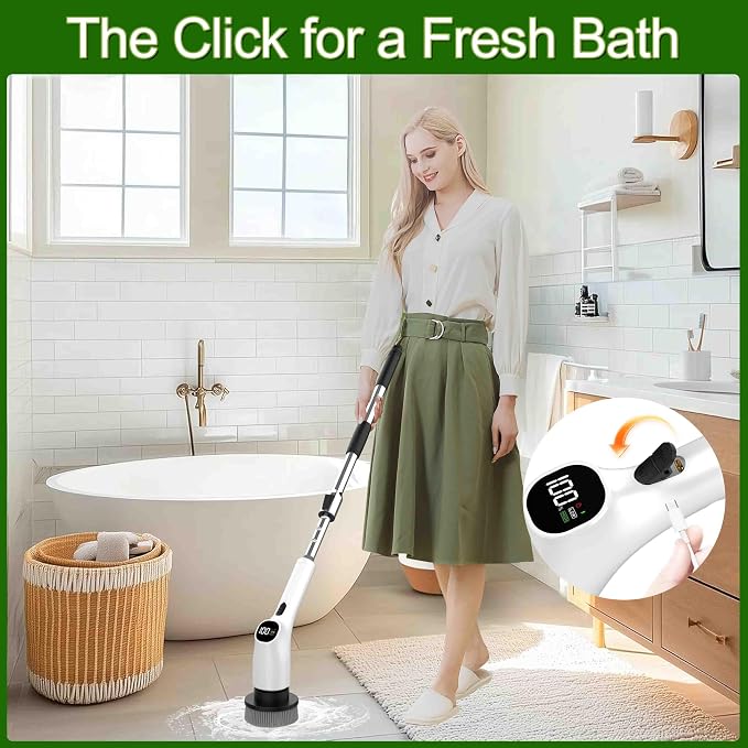 Electric Spin Scrubber, Shower Scrubber with Long Handle Adjustable LCD Display, 2 Speed Shower Cleaner, 7 Replaceable Brush Heads Bathroom Cleaning Brush, Bath Tub Power Scrubbers White G3