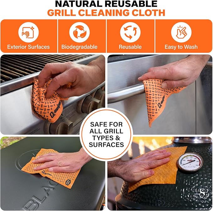 Proud Grill Q-Swiper XL Complete Grill Cleaning Kit - Long Bristle & Wire-Free Brush, Steam-Clean Cloths, Moist Wipes, Exterior Reusable Cloth & Plastic Tray, Grease & Grime Remover, BBQ Accessories