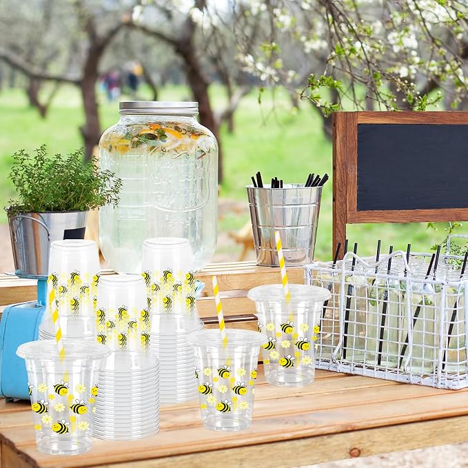 FYSUIMU 50Pcs 12Oz Floral Bee Plastic Cups with Lids & Straws Disposable Clear Drinking Cups for Summer Birthday Baby Shower Party Supplies
