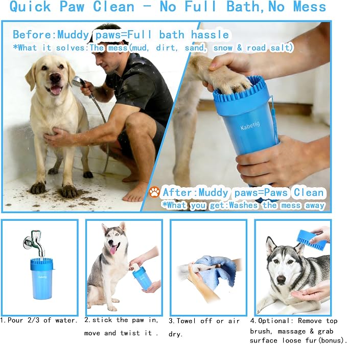 Paw Cleaner for Small/Medium Dogs - Grabs Loose Fur with Top Brush | Clean muddy paws fast. Attached top brush grabs loose fur. No extra tools. Comes with bath brush & 3 towels. Less fur. Blue
