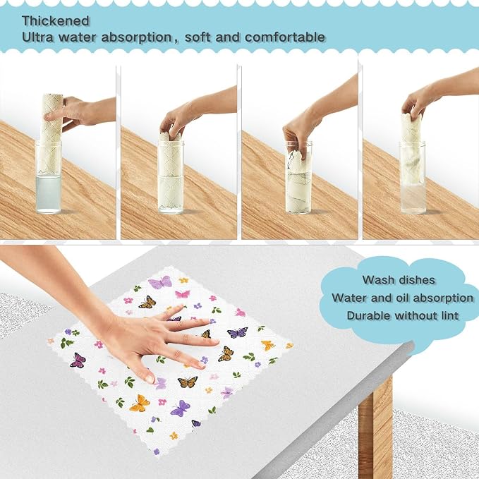 Pretty Butterfly Flower Kitchen Towels Dish Cloths Set of 6 Microfiber Cleaning Cloths for Cars Super Absorbent Machine