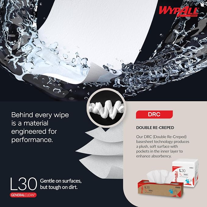 WypAll GeneralClean L30 Cloths Heavy Duty Cleaning Wipes (05812), Quarterfold, Strong and Soft Bulk Paper Wipers, White (12 Packs of 90 Sheets, 1,080 Sheet Total)
