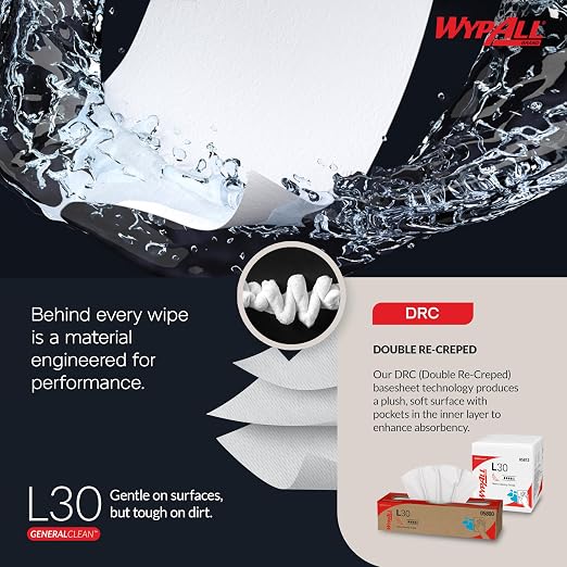 WypAll GeneralClean L30 Cloths Heavy Duty Cleaning Wipes (05816), Pop-Up Box, Strong and Soft Bulk Paper Wipers, White (6 Packs of 120 Sheets, 720 Sheet Total)