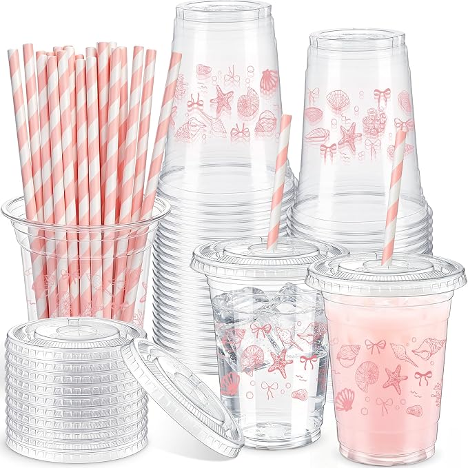 Domensi 25 Sets Seashell Themed Plastic Cups with Lids and Paper Straws 12oz Pink Ocean Disposable Drinking Cups Bulk for Cold Drinks Baby Shower Wedding Summer Theme Birthday Party Supplies