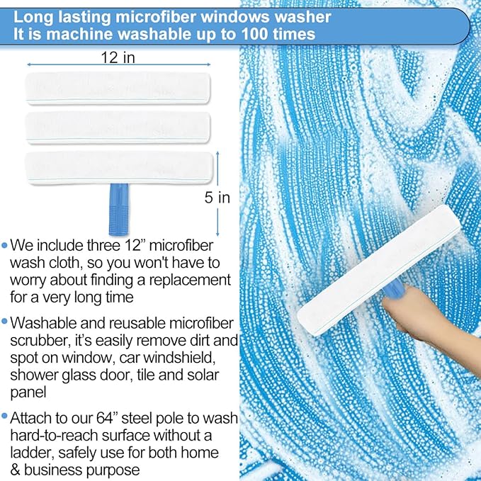 AMERWASH PLUS Window Squeegee Washing Kit for High Window, Shower Glass Door, Mirror Cleaning, with 69-inch Extension Pole, Extra 14'' Wide Squeegee and 2 Microfiber Scrubbers Included