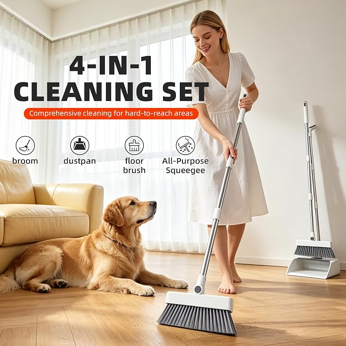 SDSM Broom with Dustpan Combo Set, 4 in 1 Multifunctional Broom and Dustpan with 52" Long Handle, Concealed Squeegee and Cleaning Brush, for Clean Home Kitchen Bathroom Office, Indoor Outdoor Floor