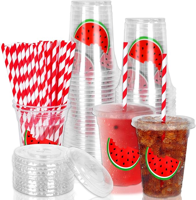 Whaline 50Pcs Watermelon Disposable Plastic Cups with Lids and Straws 12 Oz Red Watermelon Cold Beverage Drinking Cups for Summer Fruit Birthday Party Supplies
